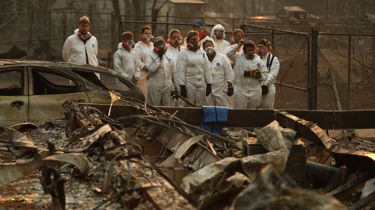 Anthropology students observe as human remains are recovered from a burned out home at the Camp Fire, Sunday, Nov. 11, 2018, in Paradise, Calif.