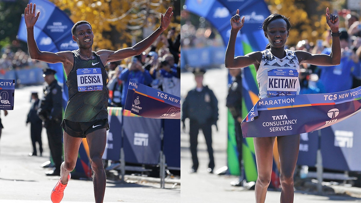 Lelisa Desisa, of Ethiopia, crosses the finish line first in the men's division of the New York City Marathon (left). Mary Keitany(right) of Kenya finished first in the women's division of the race, her fourth time winning.