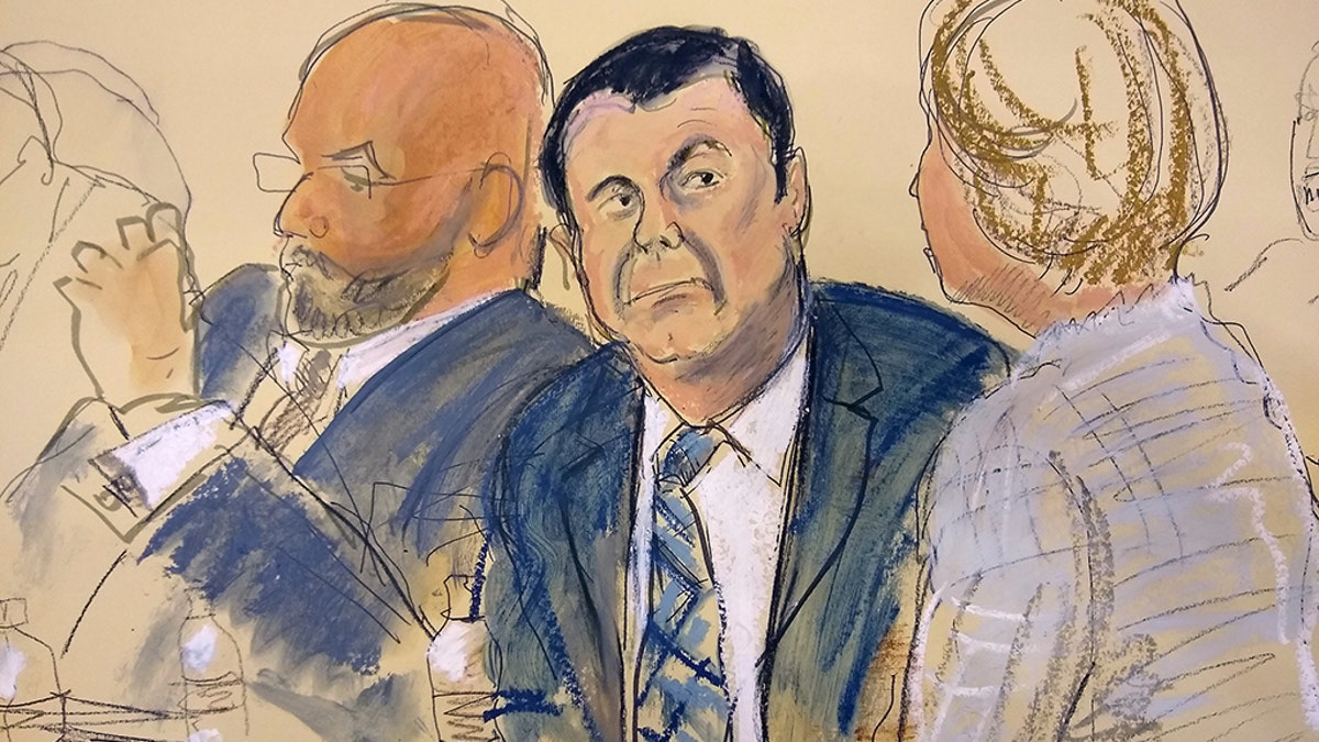 In this courtroom sketch, Joaquin "El Chapo" Guzman, center, sat next to his defense attorney Eduardo Balarezo, left, for opening statements in November 2018.