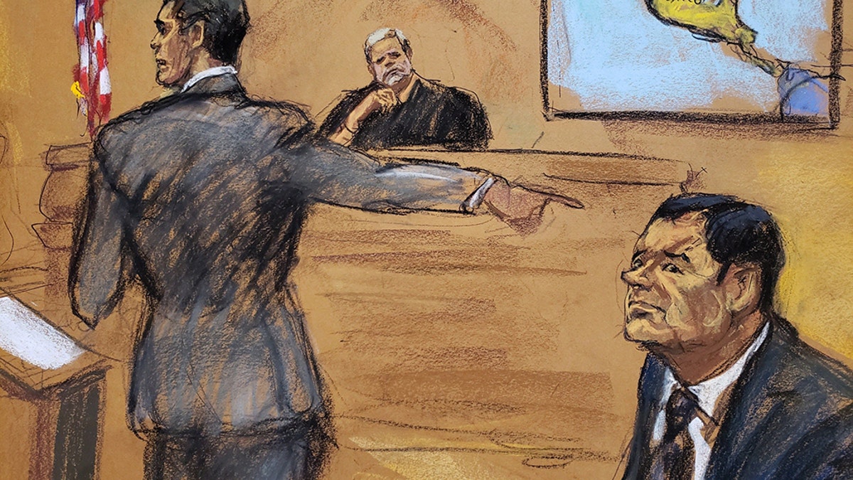 A photographic reproduction of a drawing by Jane Rosenberg that shows  Joaquin 'El Chapo' Guzman, right, Assistant Attorney General Adam Fels, left, and Justice Brian Cogan in Brooklyn South District Court earlier this month.