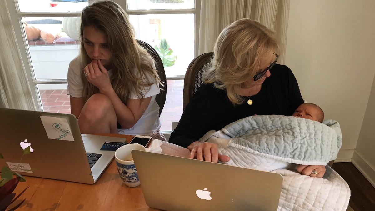 My mom and sister hitting Cyber Monday hard last year, days after I gave birth to our third baby, Beau.