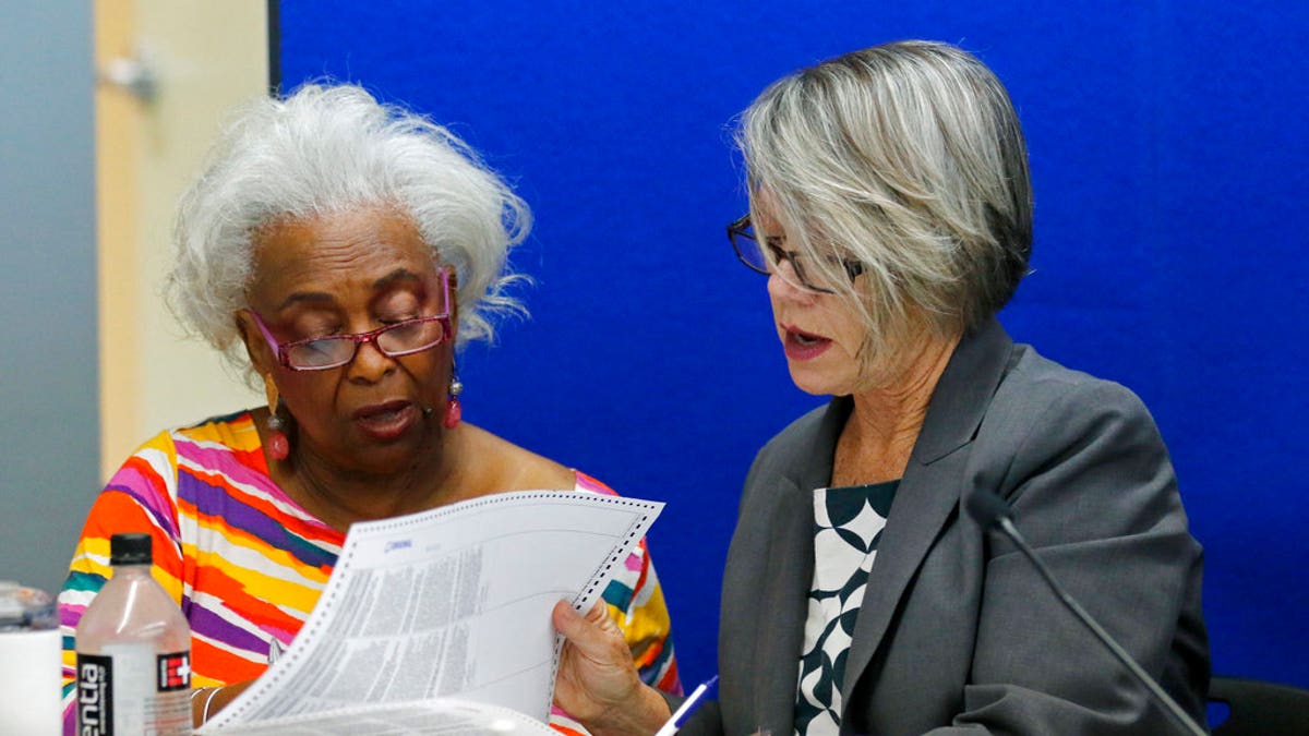 Dr. Brenda Snipes, left, Broward County Supervisor of Elections, looks at a ballot with Betsy Benson, canvasing board chair during a canvasing board meeting on the bitter and tight U.S. Senate race between Republican Gov. Rick Scott and incumbent Democrat Bill Nelson; and in the governor’s race between former Republican U.S. Rep. Ron DeSantis and the Democratic mayor of Tallahassee, Andrew Gillum. (AP Photo/Joe Skipper)