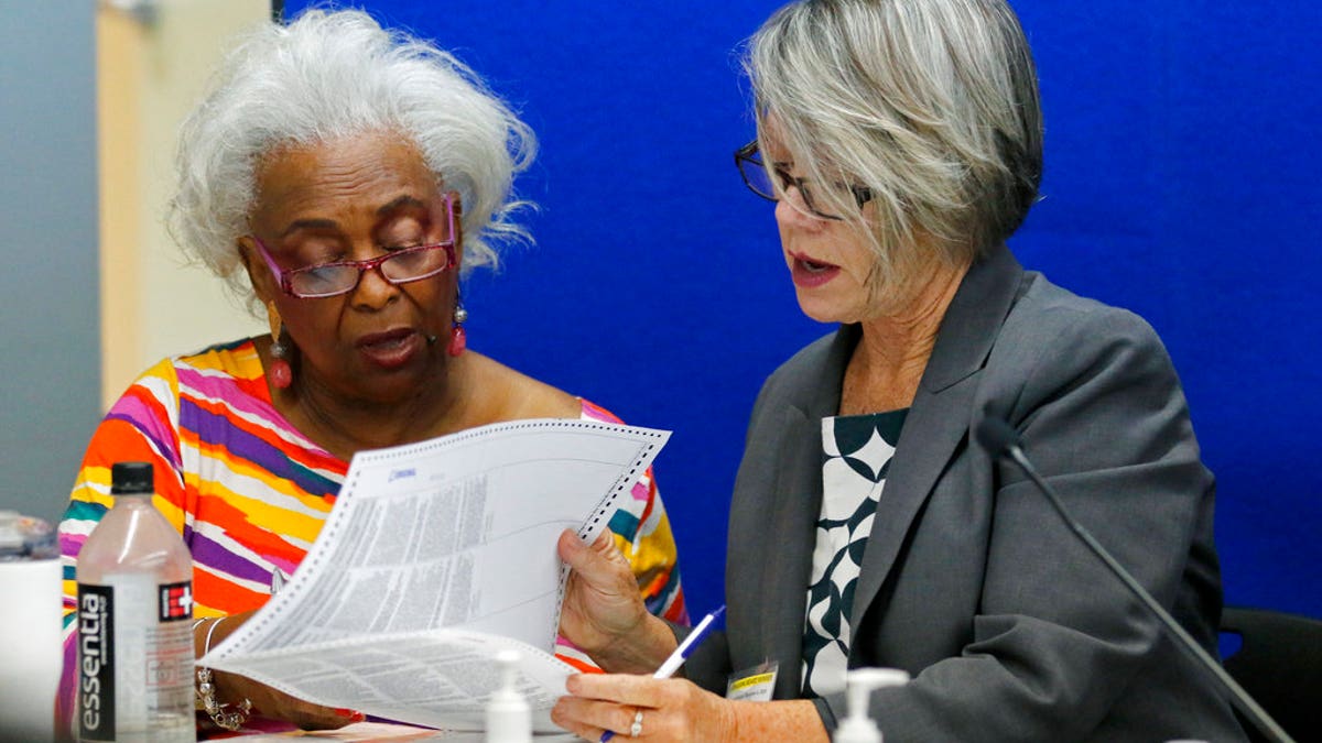 Dr. Brenda Snipes, left, Broward County Supervisor of Elections, looks at a ballot with Betsy Benson, canvasing board chair during a canvasing board meeting on the bitter and tight U.S. Senate race between Republican Gov. Rick Scott and incumbent Democrat Bill Nelson; and in the governor’s race between former Republican U.S. Rep. Ron DeSantis and the Democratic mayor of Tallahassee, Andrew Gillum. (AP Photo/Joe Skipper)