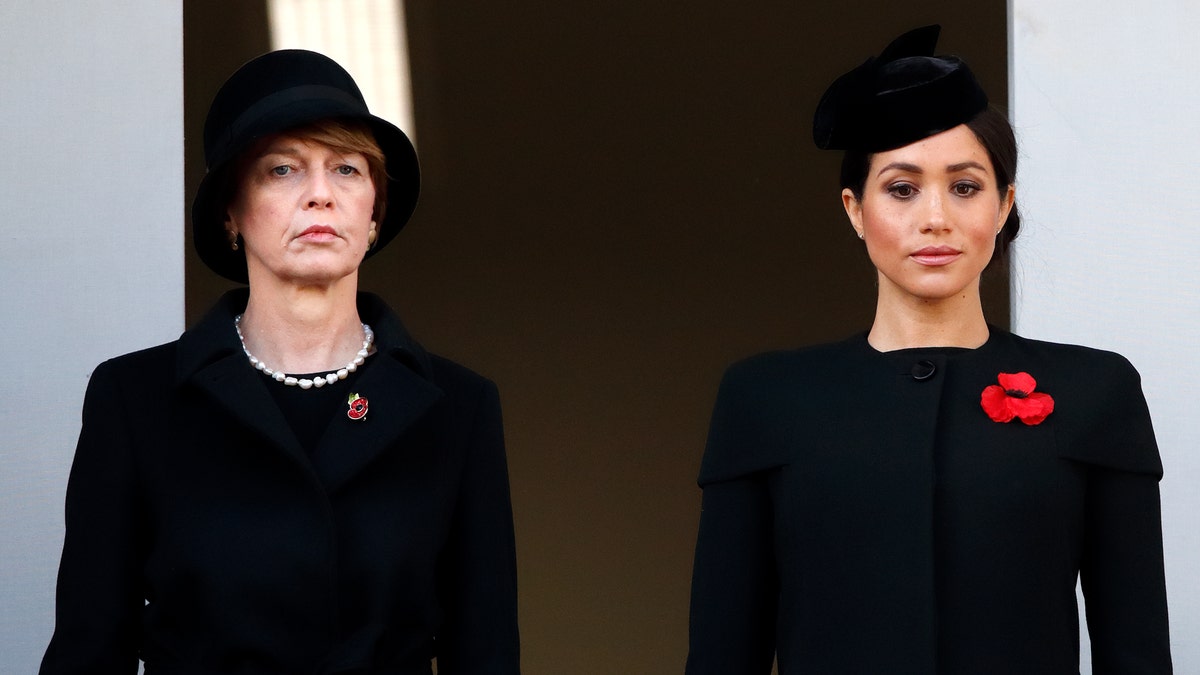 Elke Büdenbender and Meghan, Duchess of Sussex attend the annual Remembrance Sunday Service at The Cenotaph on November 11, 2018 in London, England.