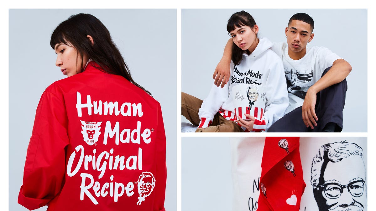 The Human Made x KFC Capsule Collection includes a Colonel shop jacket, 70s style racing jacket, hoodies, t-shirts and more ranging from $20 to $375.