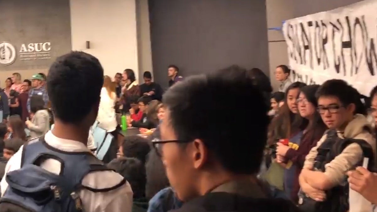 Around 300 people gathered at UC Berkeley's student government meeting to voice opposition or support for Senator Chow.