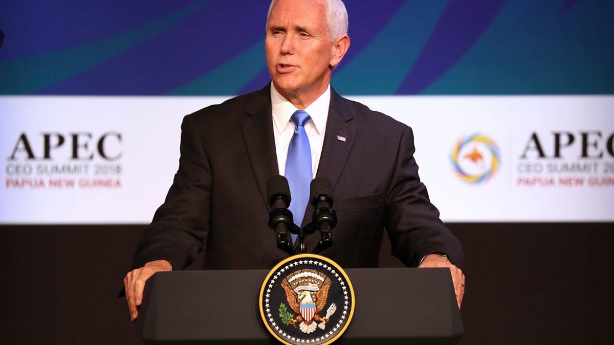 Vice President Mike Pence speaks Saturday at the APEC CEO Summit at the Pacific Explorer cruise ship docked in Port Moresby, Papua New Guinea.