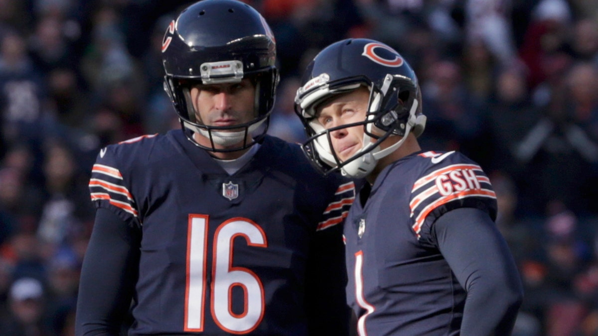 Chicago Bears kicker Cody Parkey (1) reacts as he talks to holder Pat O'Donnell (16) after missing a field goal during the second half of an NFL football game against the Detroit Lions Sunday, Nov. 11, 2018, in Chicago.