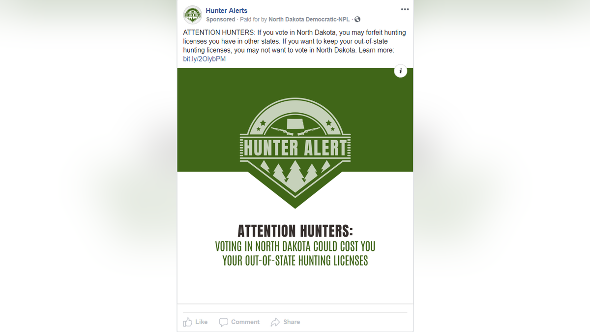 The North Dakota Democratic Party is under fire for purchasing an advertisement warning hunters they could lose their out-of-state hunting licenses if they vote in the upcoming election.