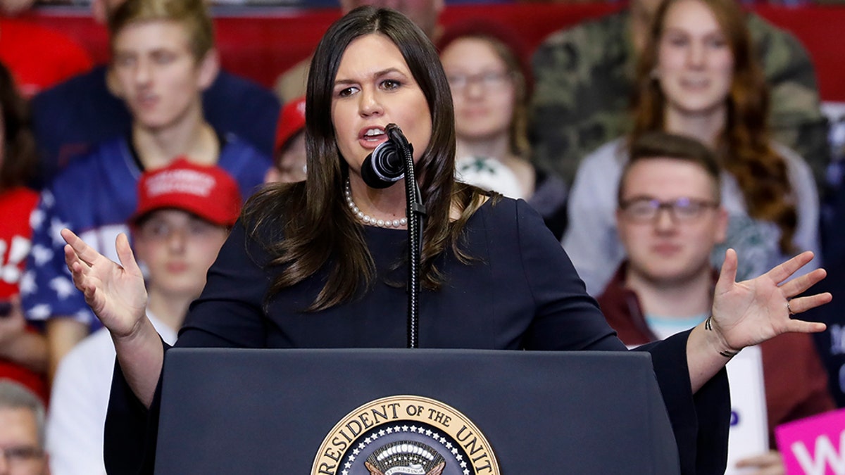 White House Press Secretary Sarah Huckabee Sanders speaks during a campaign rally for Republican Senate candidate Mike Braun and attended by President Trump at the County War Memorial Coliseum in Fort Wayne, Indiana.