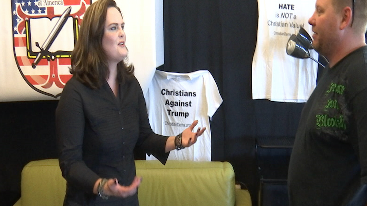 One of Christian Democrats of America's T-shirts reads "Christians Against Trump"