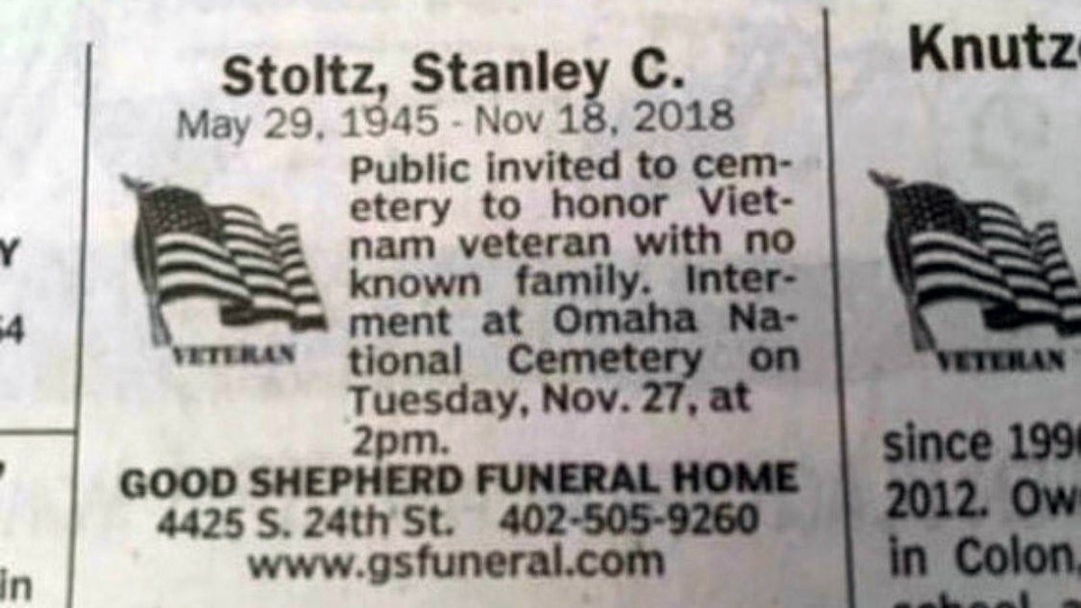 The Omaha World-Herald funeral notice for Stanley Stoltz.