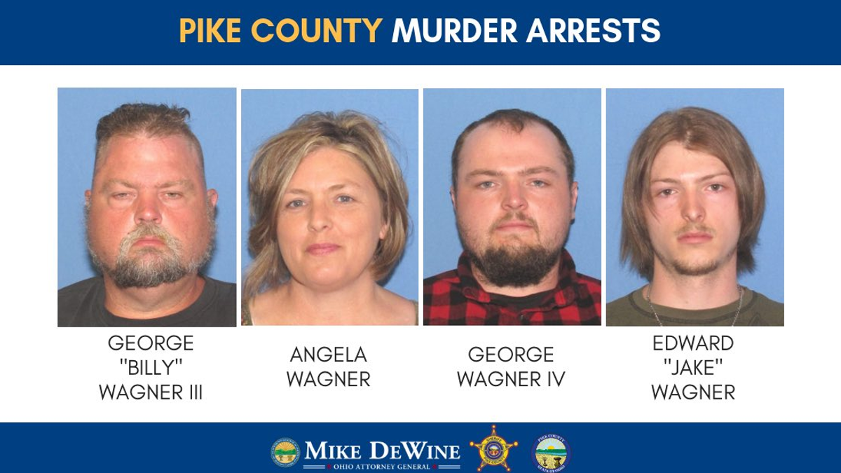 George "Billy" Wagner III, Angela Wagner and sons George Wagner IV and Edward "Jake" Wagner were indicted by a grand jury on Monday, and were each charged with eight counts of aggravated murder, investigators said.