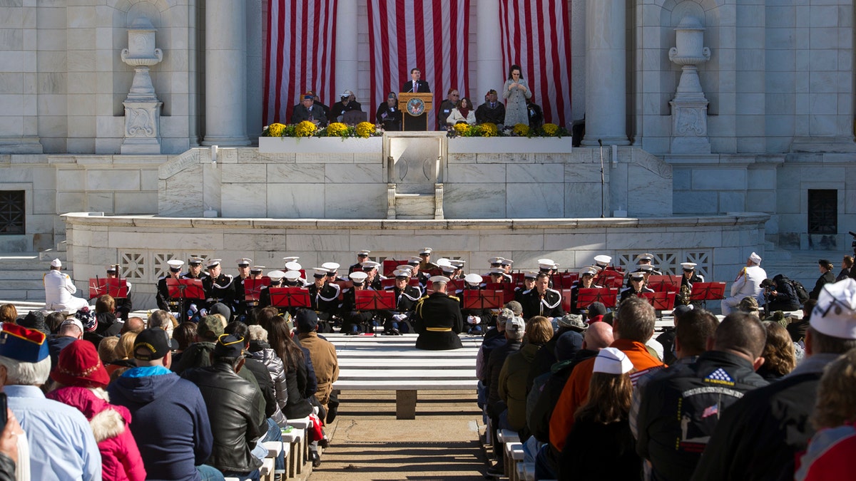 Secretary of Veterans Affairs Robert Wilkie speaks during the National Veterans Day Observance at Arlington National Cemetery in Arlington, Va., Sunday, Nov. 11, 2018. (AP Photo/Cliff Owen)