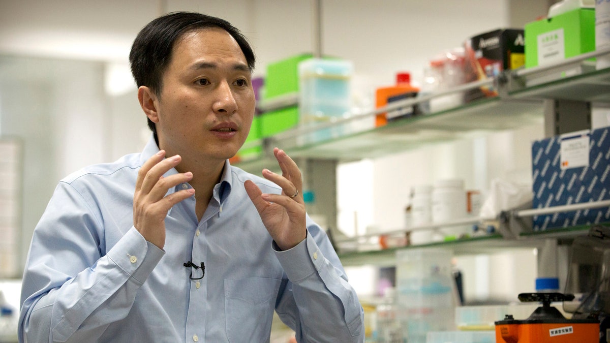 In this Oct. 10, 2018 photo, He Jiankui speaks during an interview at a laboratory in Shenzhen in southern China's Guangdong province. Chinese scientist He claims he helped make world's first genetically edited babies: twin girls whose DNA he said he altered. He revealed it Monday, Nov. 26, in Hong Kong to one of the organizers of an international conference on gene editing. (AP Photo/Mark Schiefelbein)