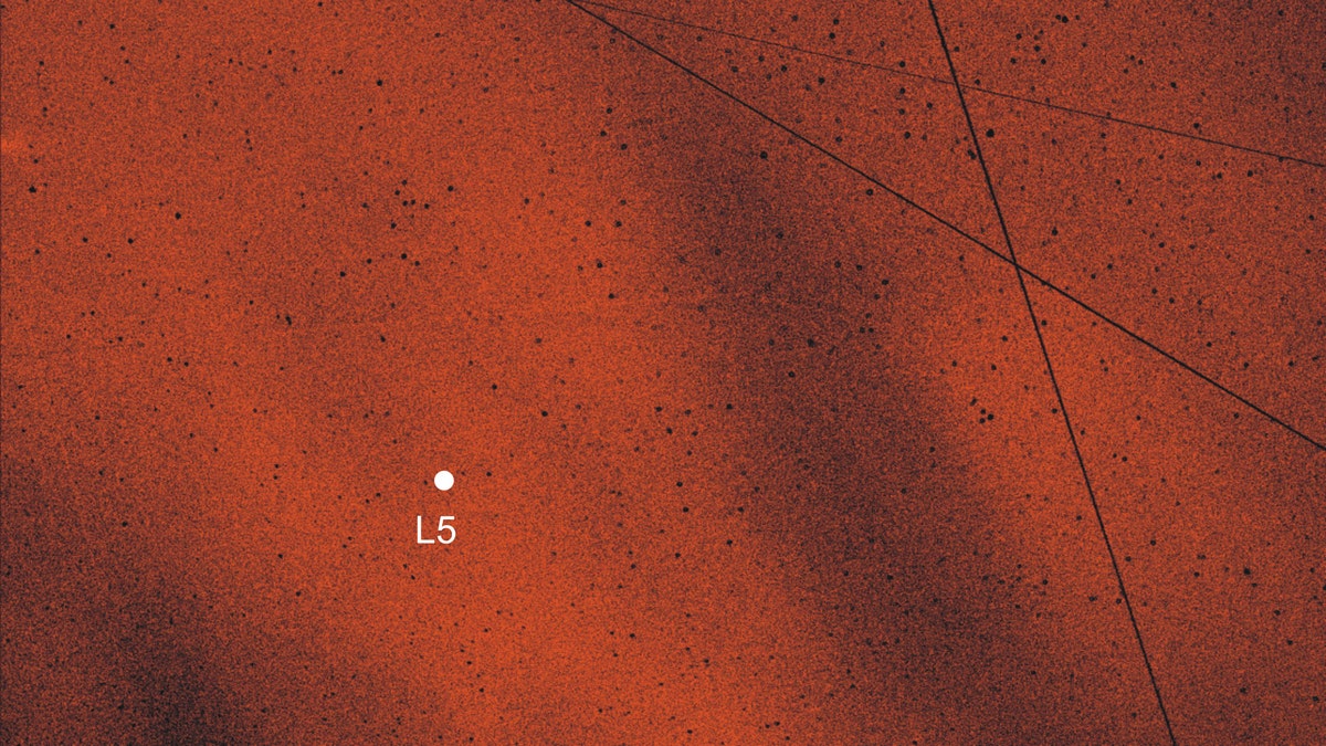 Pattern of the angle of polarization of the sky around the L5 Lagrange point of the Earth-Moon system, measured by imaging polarimetry in the green (550 nm) spectral range at 01:14:15 UT on 19 August 2017. The position of the L5 point is shown by a white dot. In this picture the central region of the Kordylewski dust cloud is visible (bright red pixels). The straight tilted lines are traces of satellites. (Credit: J. Slíz-Balogh)