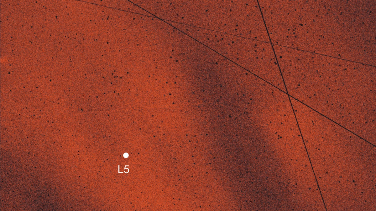 Pattern of the angle of polarization of the sky around the L5 Lagrange point of the Earth-Moon system, measured by imaging polarimetry in the green (550 nm) spectral range at 01:14:15 UT on 19 August 2017. The position of the L5 point is shown by a white dot. In this picture the central region of the Kordylewski dust cloud is visible (bright red pixels). The straight tilted lines are traces of satellites. (Credit: J. Slíz-Balogh)