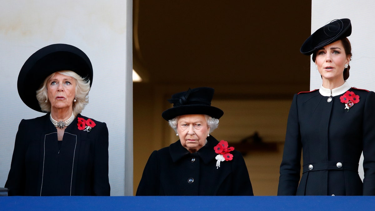 Camilla, Duchess of Cornwall, Queen Elizabeth II and Catherine, Duchess of Cambridge attend the annual Remembrance Sunday Service at The Cenotaph on November 11, 2018 in London, England.