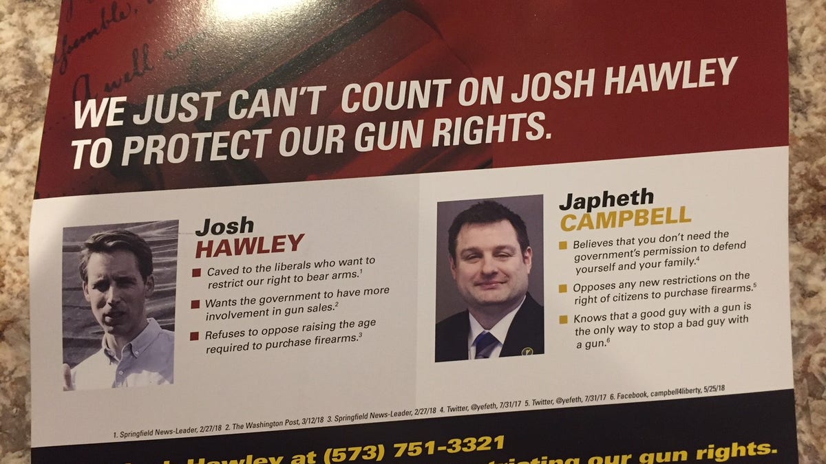 One anonymous mailer criticizes Hawley’s record on gun rights – despite the endorsement from National Rifle Association Political Victory Fund – claiming he won’t “protect our gun rights” and then asks to support Libertarian candidate Japheth Campbell.