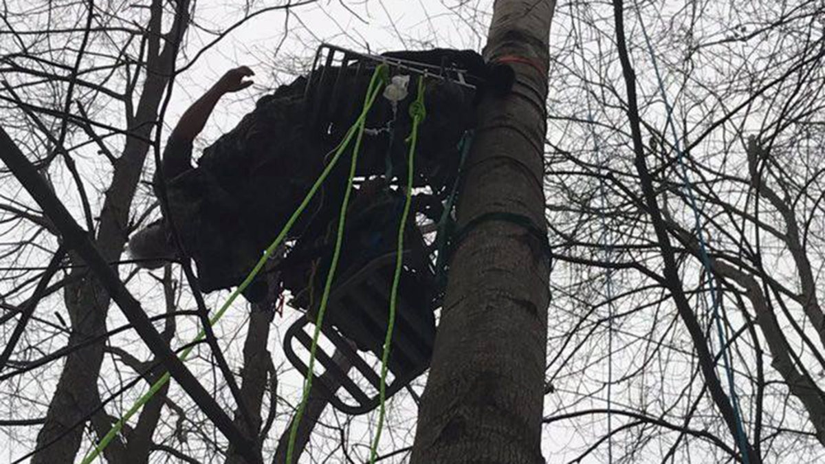 The lone outdoorsman was scaling a tree in a recreation area when he slipped.