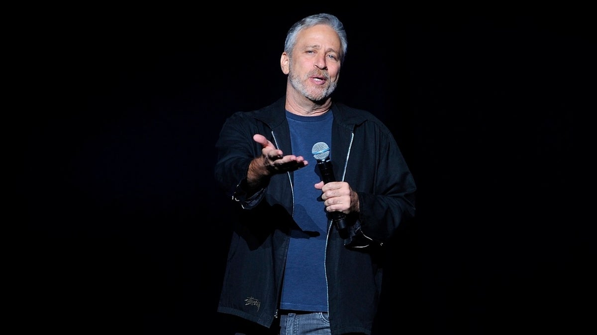 Comedian Jon Stewart discusses gun control at a benefit on Monday, Nov. 5, 2018.
