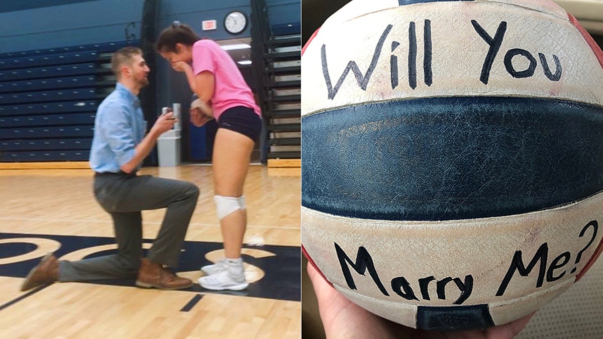 A man knocked his girlfriend to the floor when he went to propose to her on the volleyball court.