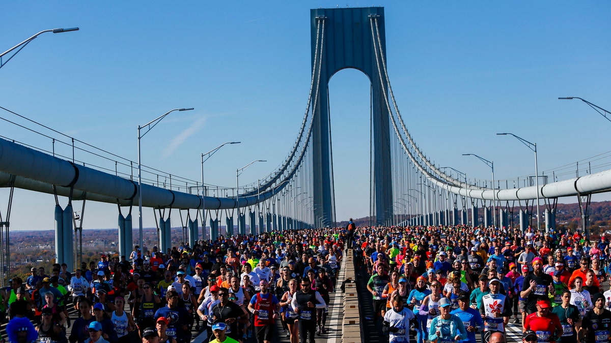 Runners as they cross the Verrazano-Narrows Bridge during the New York City Marathon on Sunday, Nov. 4, 2018, in New York.