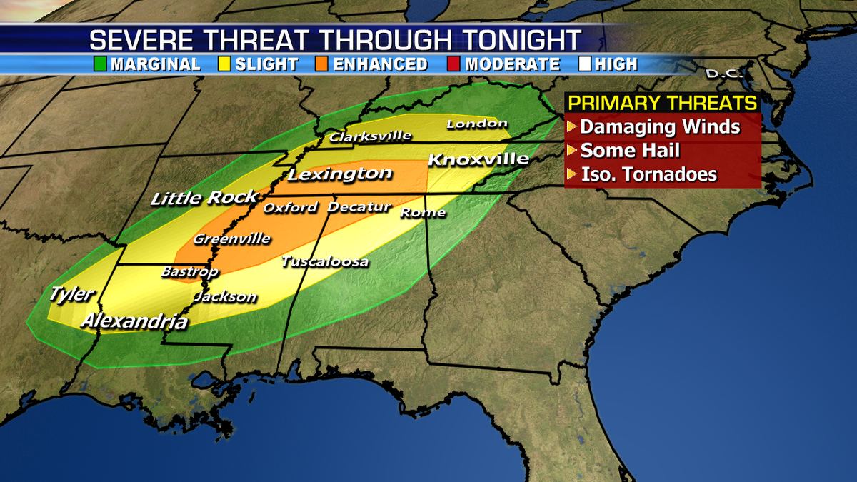 Severe weather with the risk of large hail, damaging winds, and tornadoes is possible across the Southeast from Monday into Election Day.