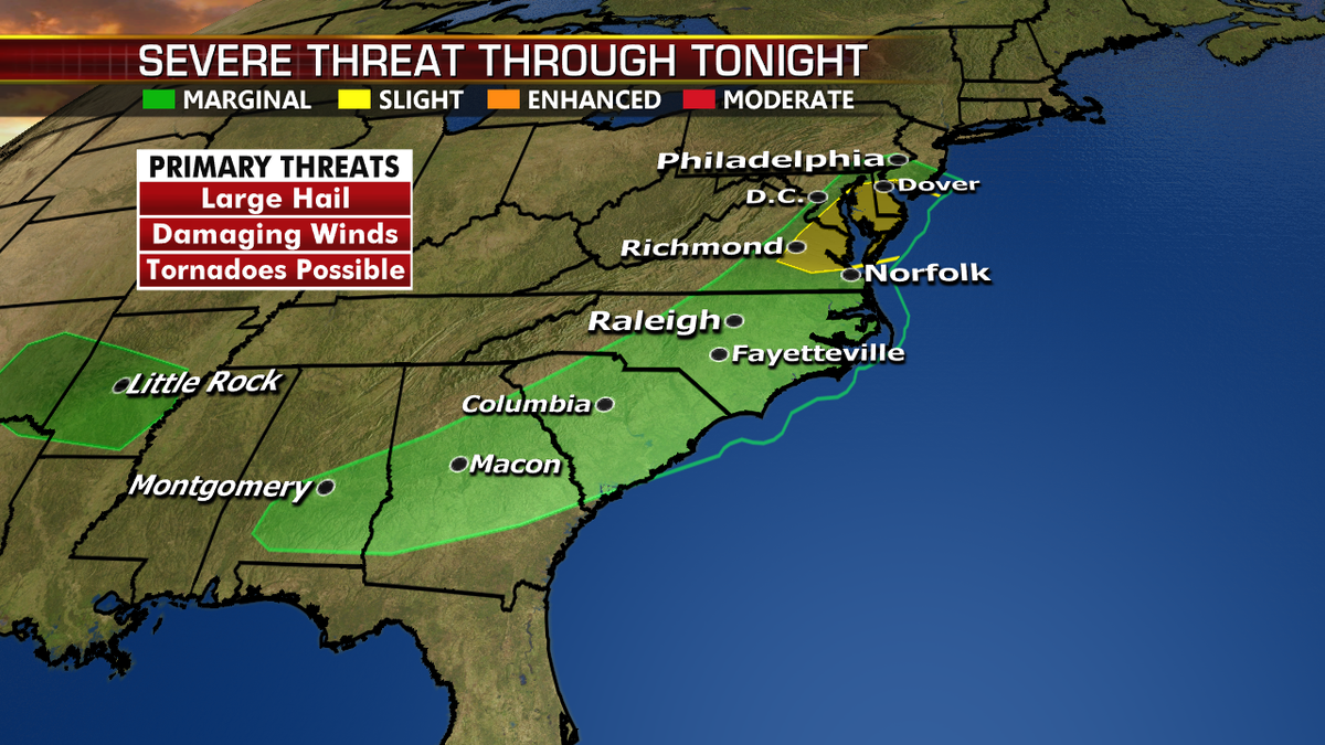 The threat for severe weather spans from the Southeast to the Mid-Atlantic.