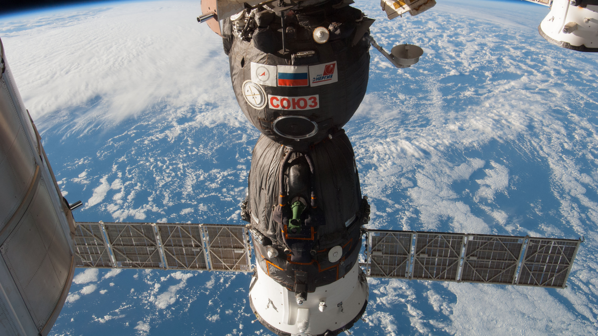 A Soyuz spacecraft docked to the International Space Station.