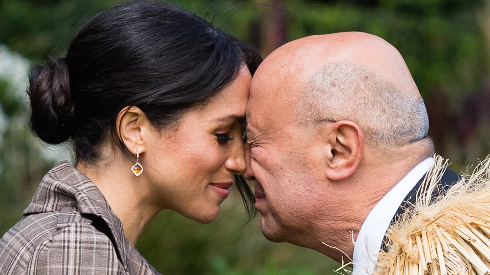 Meghan, Duchess of Sussex performs a hongi as she attends a traditional welcome ceremony on the lawns of Government House in Wellington, New Zealand, Oct. 28, 2018.