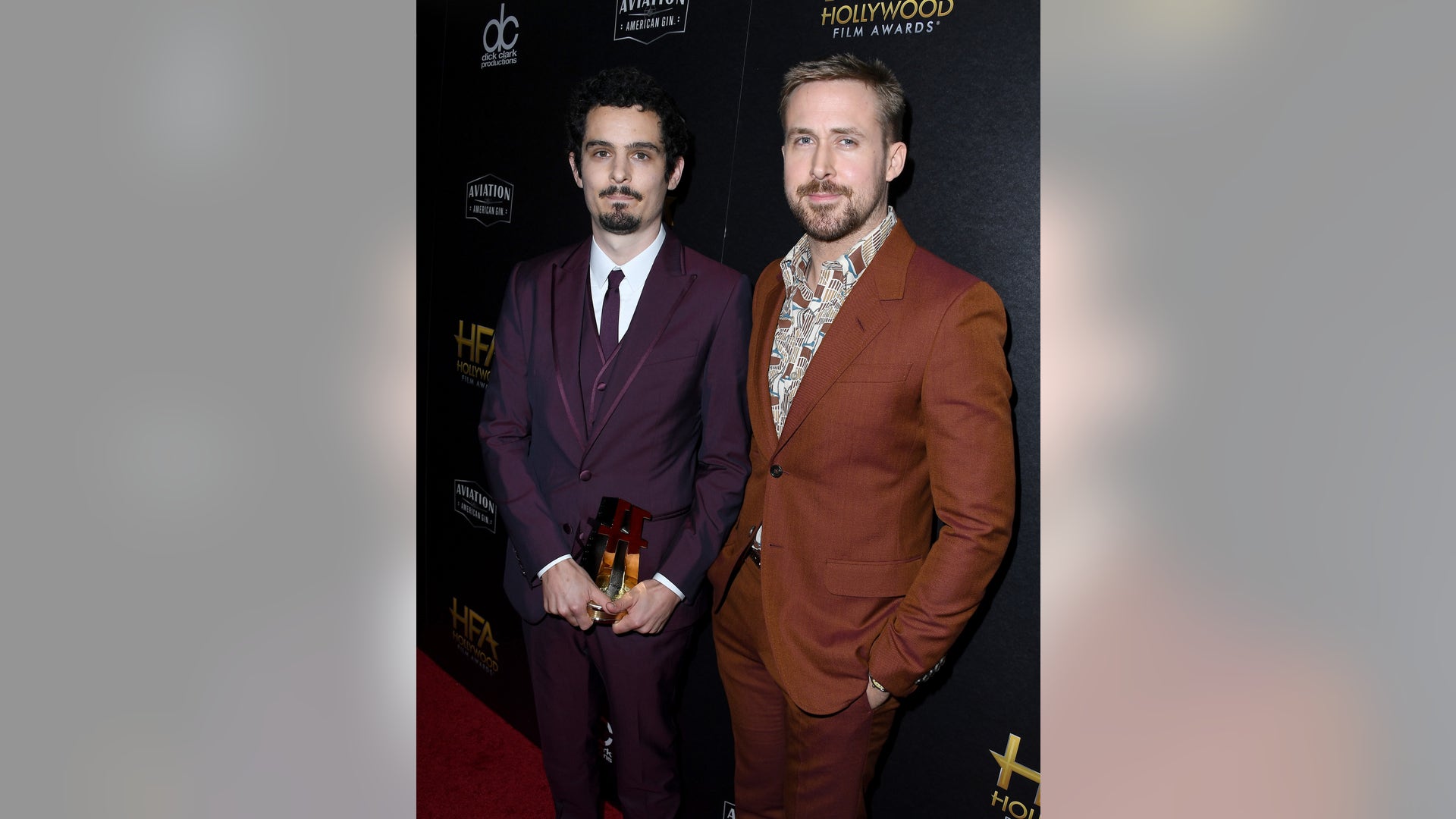 Ryan Gosling and director Damien Chazelle take a moment to pose for the cameras during the 22nd Annual Hollywood Film Awards at The Beverly Hilton Hotel on November 4, 2018 in Beverly Hills, Calif.