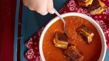 Silky Tomato Soup with Grilled Cheese Crouton Bites