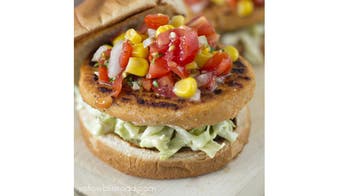 Salmon Burgers with Cabbage Slaw and Tomato Corn Salsa