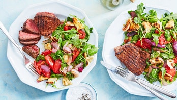 Grilled Spice-Rubbed Steak with Onion, Pita & Tomato Salad