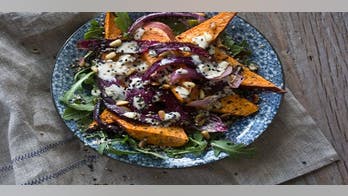Roasted Sweet Potatoes with Red Onions, Pine Nuts and Tahini