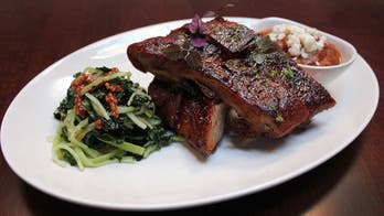 Root Beer Glazed Pork Ribs with Baked Beans and Kale and Asian Pear Slaw