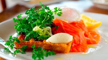 Smoked Ora King Salmon, Potato Waffle, Poached Egg,  Creme Fraiche & Herb Salad