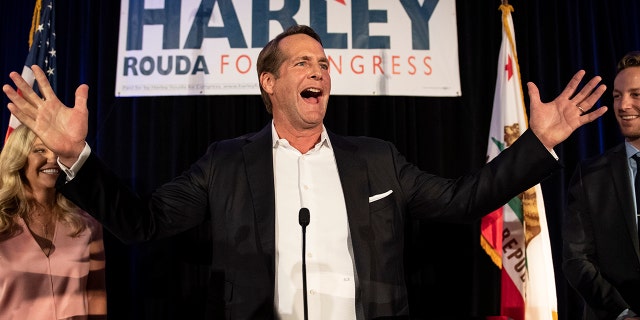 Harley Rouda, Democratic congressional candidate in the 48th district, addresses his supporters at his election night party Tuesday, Nov. 6, 2018, in Newport Beach, Calif. (Associated Press)