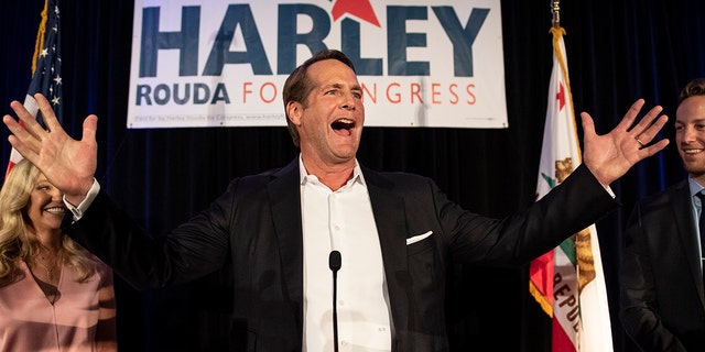 Harley Rouda, Democratic congressional claimant in a 48th district, addresses his supporters during his choosing night celebration Tuesday, Nov. 6, 2018, in Newport Beach, Calif. (Associated Press)