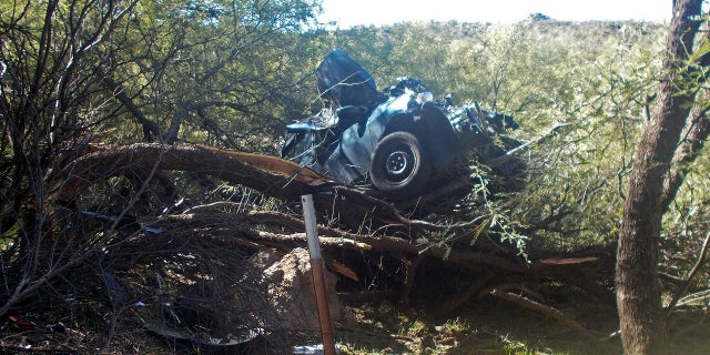 The scene where authorities say they rescued a seriously injured woman who spent six days in the desert after crashing her car near Wickenburg, Ariz., Oct. 18, 2018.