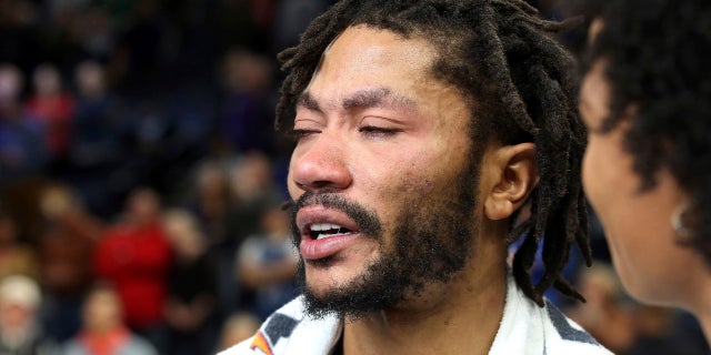 Minnesota Timberwolves' Derrick Rose is interviewed after he scored 50 points, a career high, against the Utah Jazz in an NBA basketball game Wednesday, Oct. 31, 2018, in Minneapolis. The Timberwolves won 128-125.