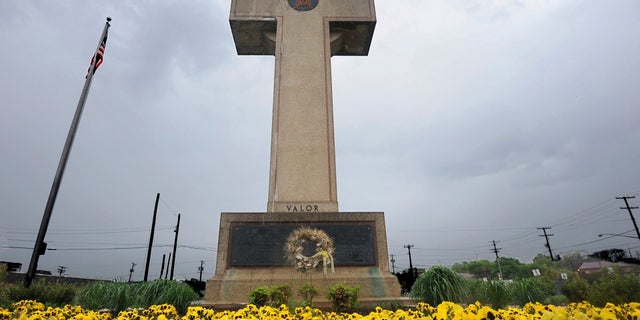 FILE - In this May 7, 2014 file photo, the World War I memorial cross is pictured in Bladensburg, Md.