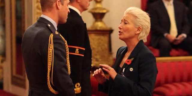 Emma Thompson is made a Dame Commander of the British Empire by Prince William at Buckingham Palace, London, Wednesday Nov. 7, 2018.
