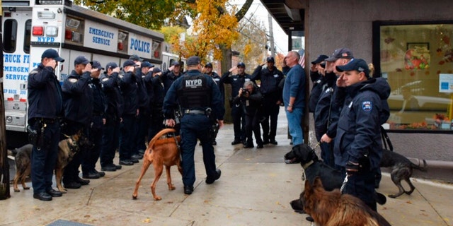 In this Nov. 5, 2018 photo, provided by the New York City Police Department (NYPD) an honor guard of police officers salute as Angel, a 5-year-old bloodhound, is walked by her human partner, Officer Manuel Orellana, into Staten Island's Rosebank Animal Hospital to be euthanized, in New York. An aviation flyover also honored the Emergency Services K-9 just before she died after being diagnosed with cancer in August.