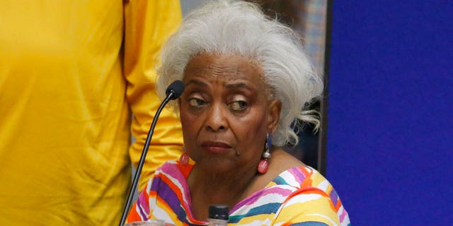 Brenda Snipes, Broward County supervisor of elections, speaks with officials before a canvasing board meeting Friday, Nov. 9, 2018, in Lauderhill, Fla. (AP Photo/Joe Skipper)