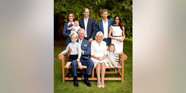 Prince Charles of Great Britain poses for an official portrait on the occasion of his 70th birthday in the gardens of Clarence House.  He is seen with Camilla, Duchess of Cornwall, Prince William, Kate, Duchess of Cambridge, Prince George, Princess Charlotte, Prince Louis, Prince Harry and Meghan, Duchess of Sussex, in London, England.