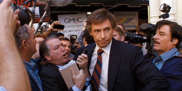 FILE: This file image released by Sony Pictures shows Hugh Jackman in a scene from "The Front Runner."