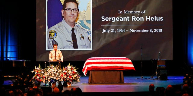 Ventura County Sheriff Biull Ayub addressing the crowd attending the memorial service for Ventura County Sheriff Sgt. Ron Helus at Calvary Community Church in Westlake Village, Calif., Thursday, Nov. 15, 2018. Sgt. Helus was one of twelve victims of the Borderline Bar & Grill mass shooting in Thousand Oaks last week. (Al Seib /Los Angeles Times via AP, Pool)