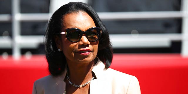 Sept. 16, 2018: Former Secretary of State Condoleezza Rice stands on the sidelines before the start of an NFL football game between the San Francisco 49ers and the Detroit Lions in Santa Clara, Calif. (AP Photo/Ben Margot)